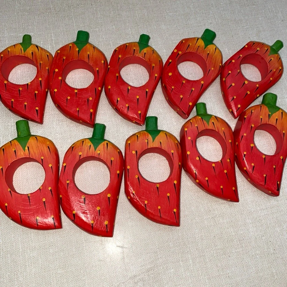 Vintage Wooden Strawberry Napkin‎ Rings Set (10)